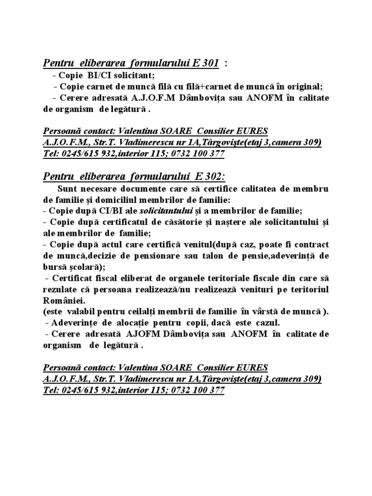 Documente Necesare PTR Formulare E301 E302 E303 | PDF