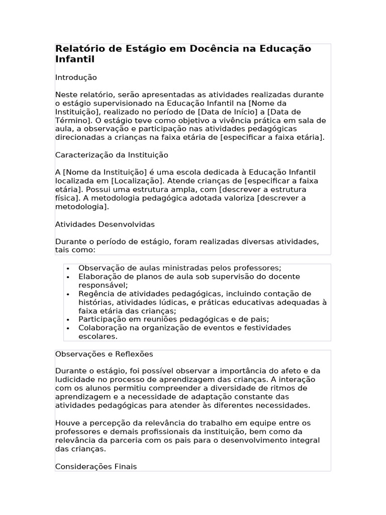 Relatório de Estágio em Docência Na Educação Infantil | PDF
