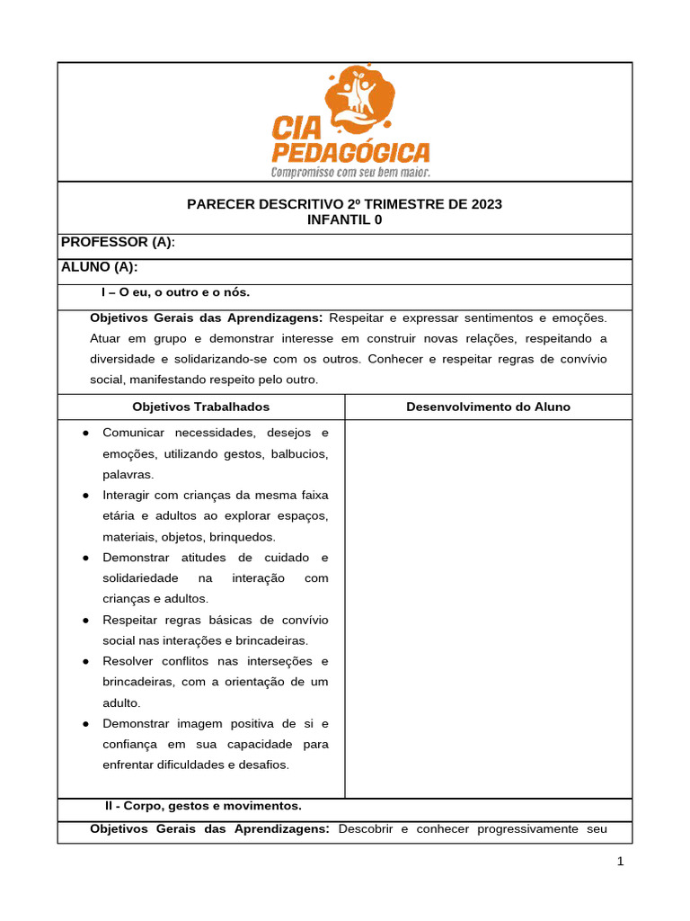 Parecer Descritivo 2º Trimestre de 2023 Inf.0 | PDF
