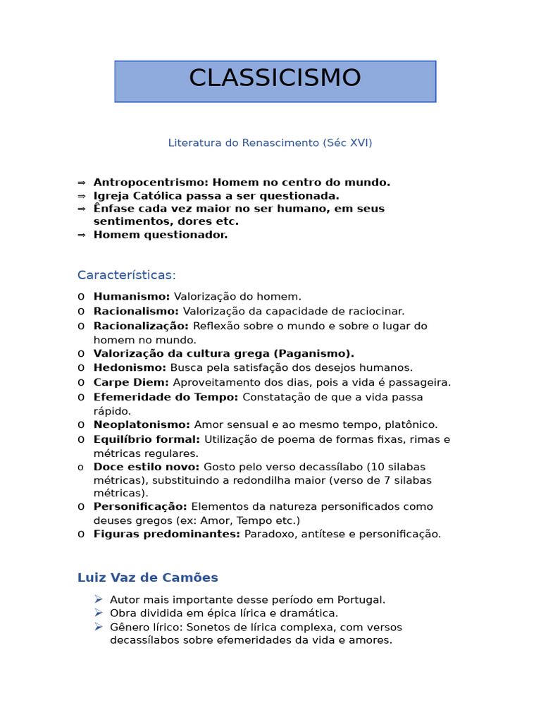 Classicismo Resumo Completo Pdf