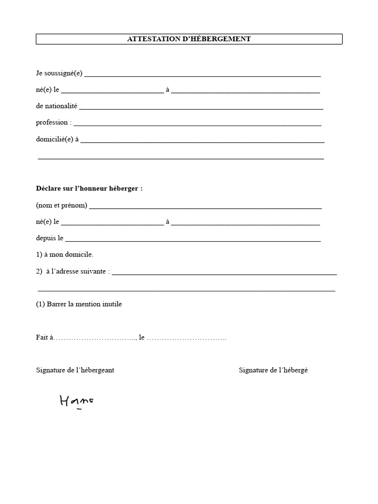 Modele Attestation D Hebergement | PDF