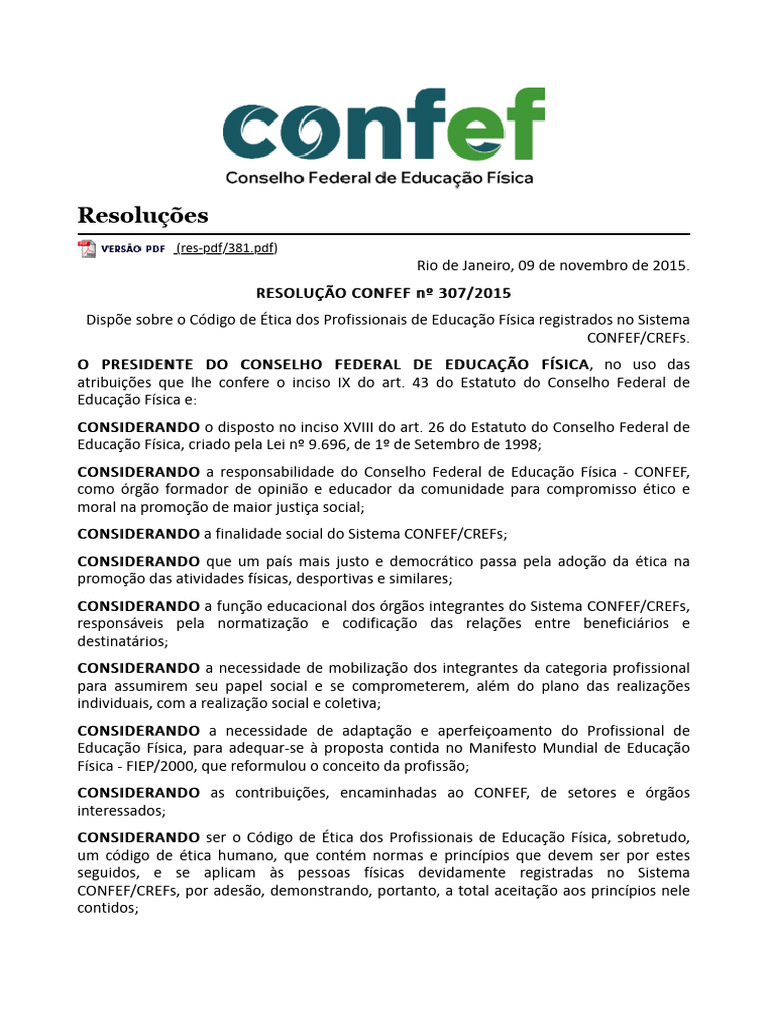 Código de Ética Educação Física CONFEF | PDF | Educação Física | Science