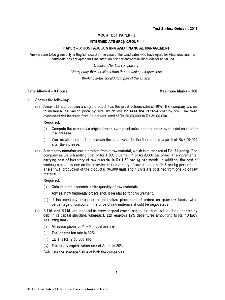 Mock Test Series II - Oct 2018 Questions | PDF