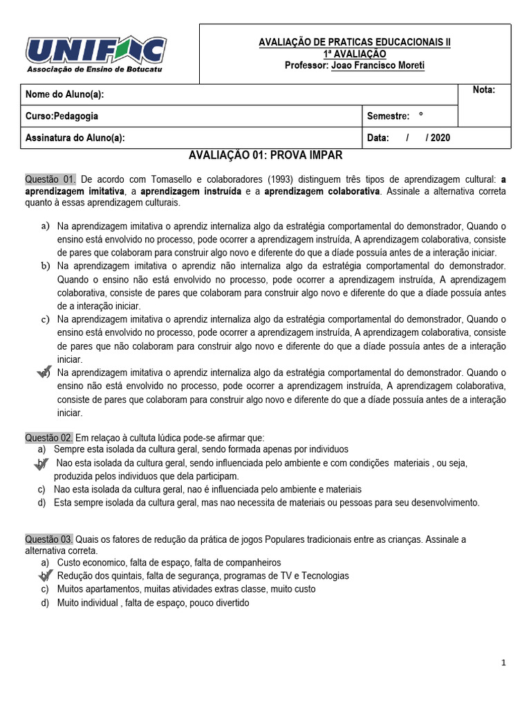 Prova Da Facul - Jogos e Brincadeiras | PDF
