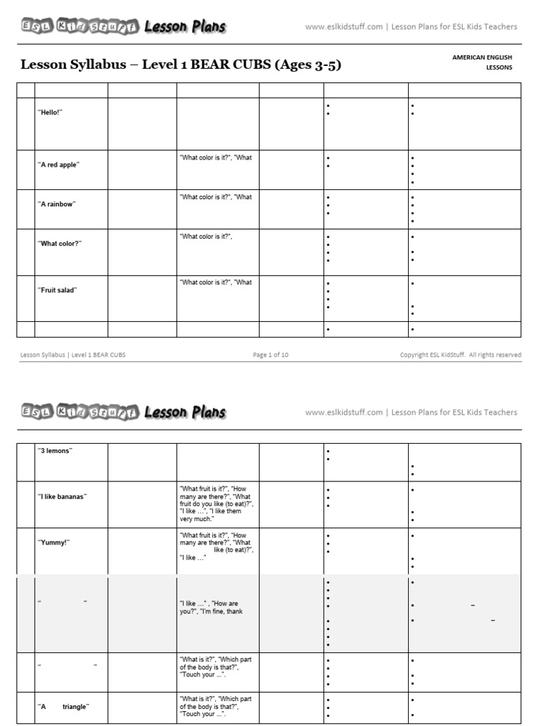 Syllabus Level 1 Bear Cubs Us 1 | PDF