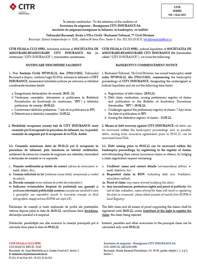 Notificare Faliment CITY INSURANCE 956 - 24 - 02 - 2022 | PDF