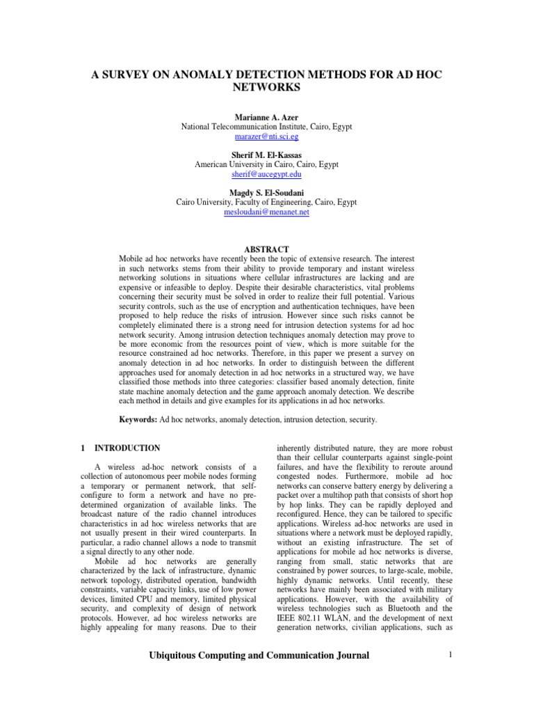 A Survey On Anomaly Detection Methods For Ad Hoc Networks | PDF ...