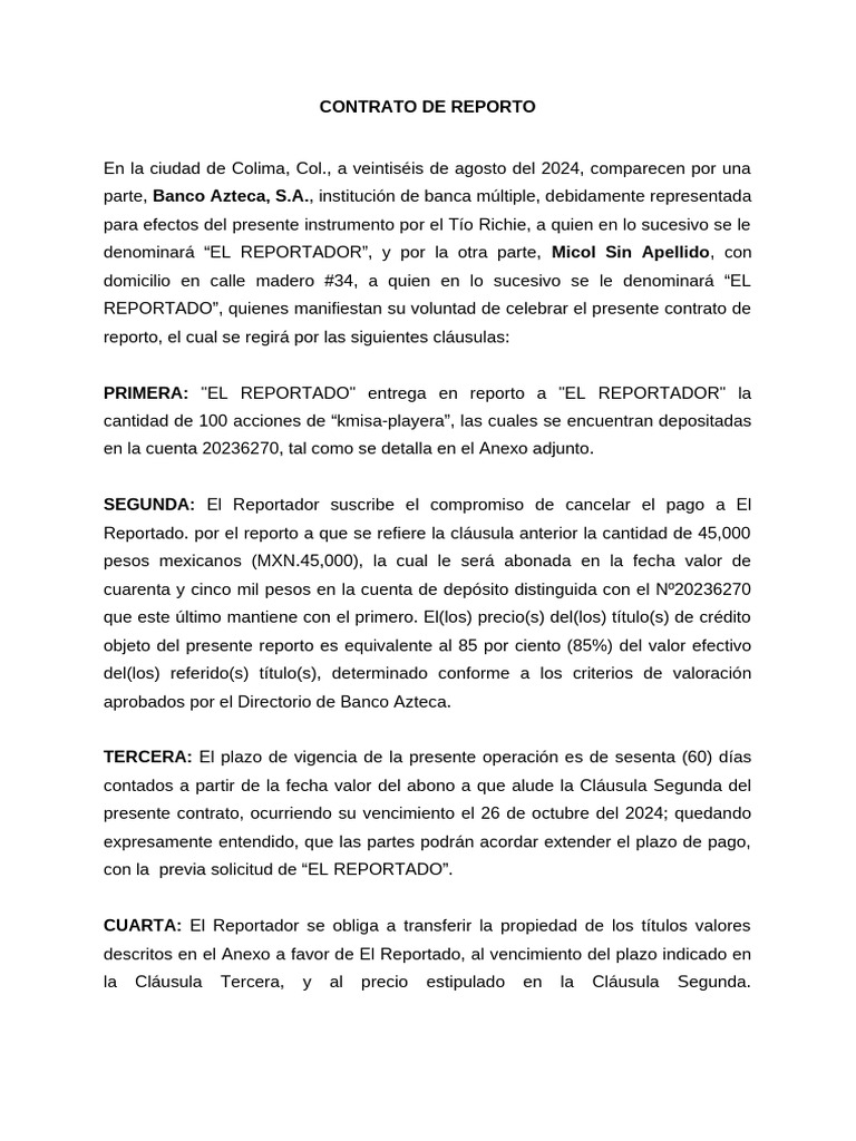 Contrato de Reporto entre Banco Azteca y Micol | PDF | Direito Privado ...