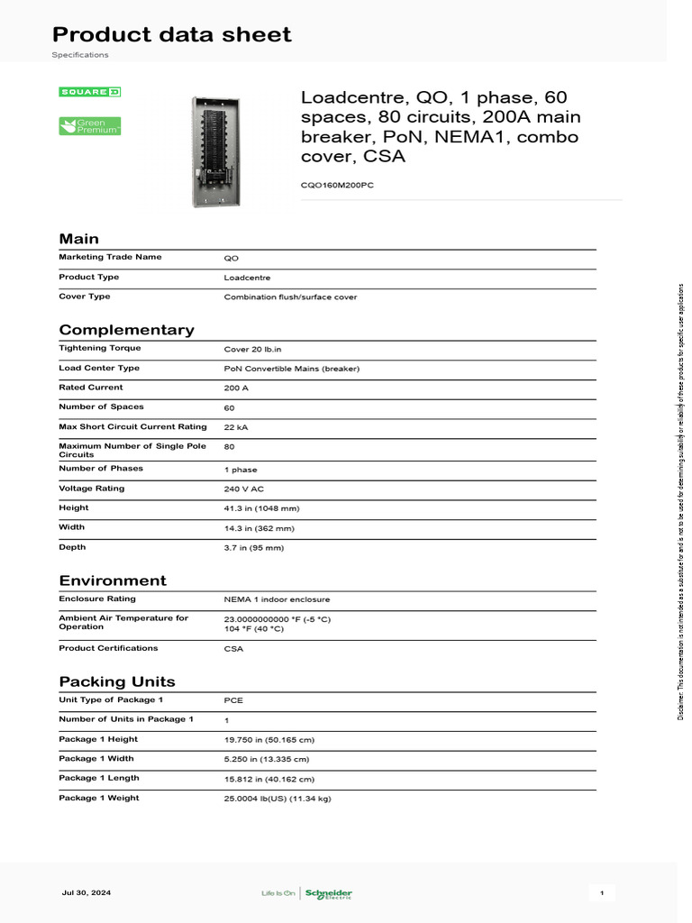 Schneider Electric - QO-Loadcentres - CQO160M200PC | PDF