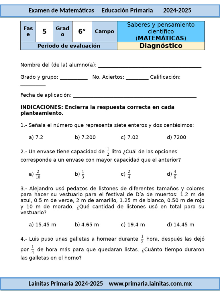 6to Grado Septiembre - 10 Matemáticas Exámenes 2024-2025 | PDF