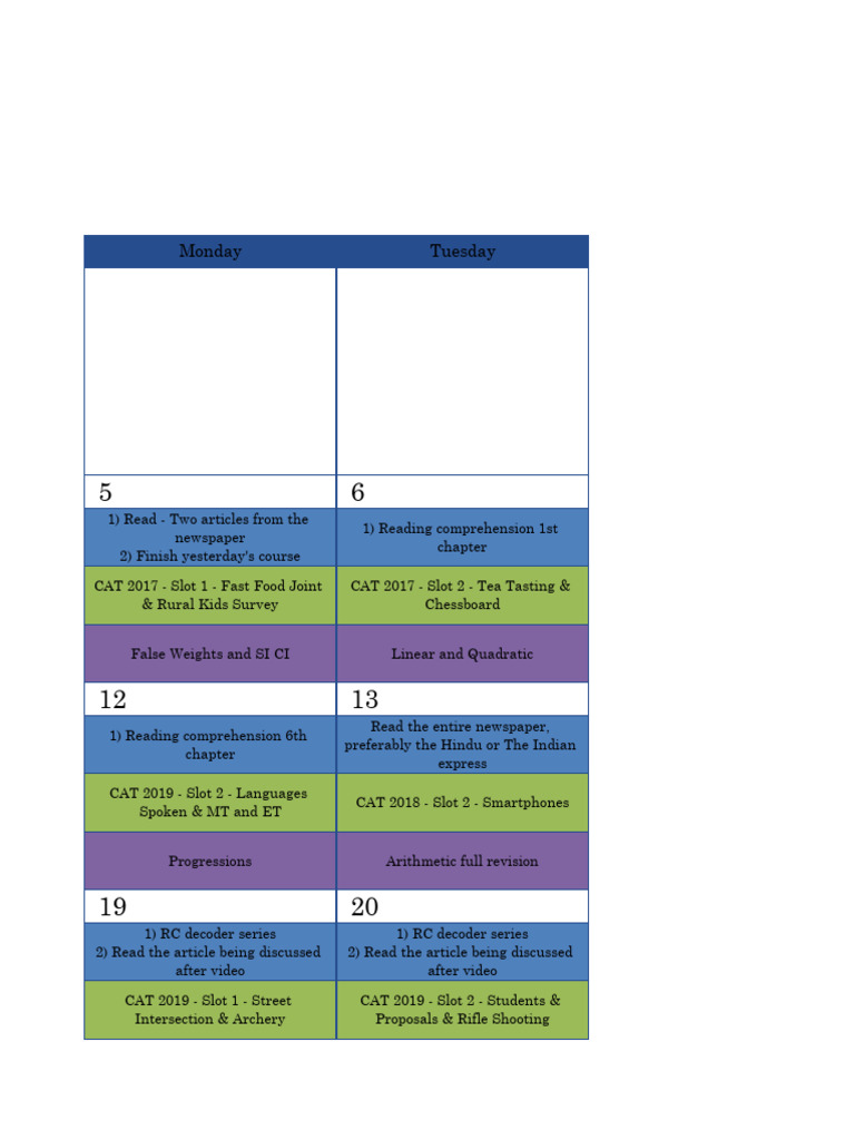Weekly Study Plan for CAT Preparation | PDF | Equations | Teaching ...