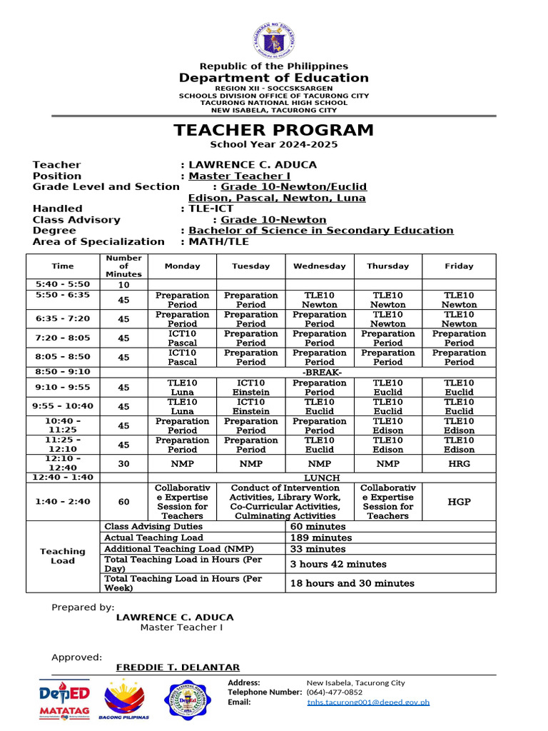 Tacurong National High School Class Schedule 2024 | PDF