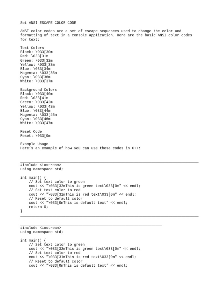 Set Ansi Escape Color Code | PDF