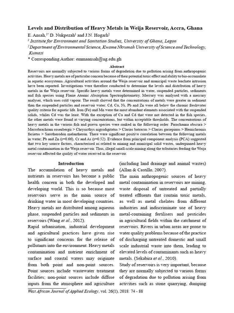 Levels and Distribution of Heavy Metals in Weija Reservoir, Accra ...