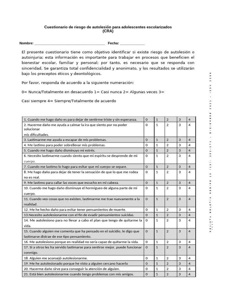 Cuestionario de Riesgo de Autolesión para Adolescentes Escolarizados ...