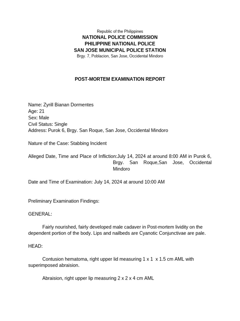 Post-Mortem Examination Report: Zyrill Dormentes | PDF | Social Science ...