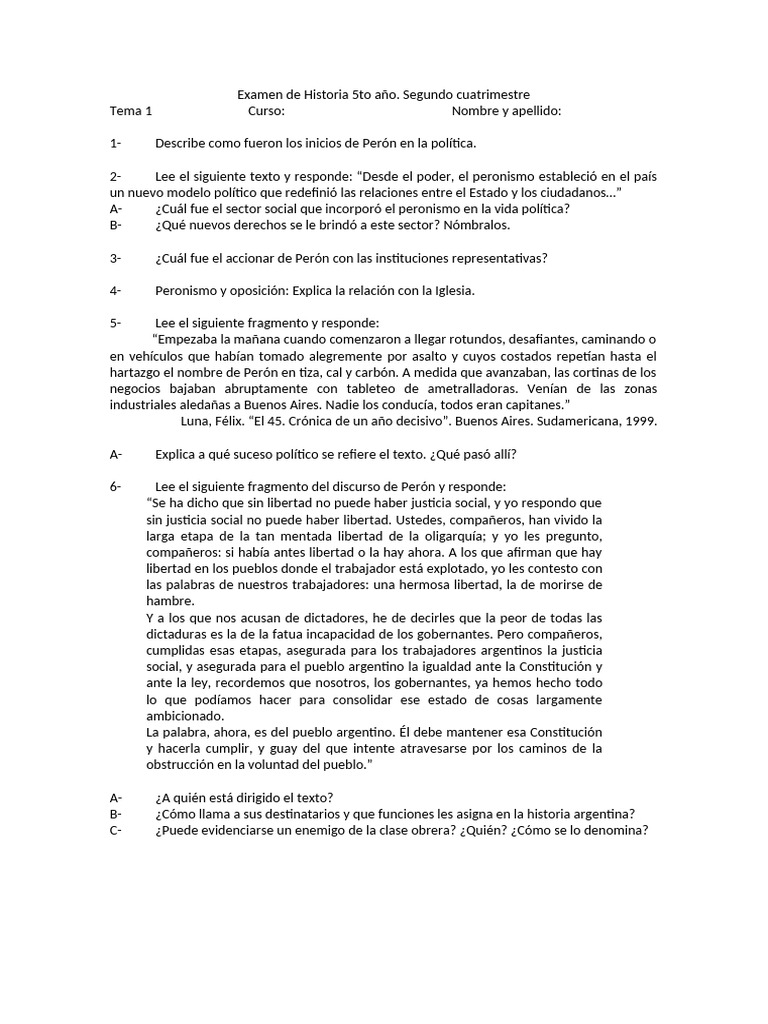 Examen de Historia 5to Añ1 | PDF