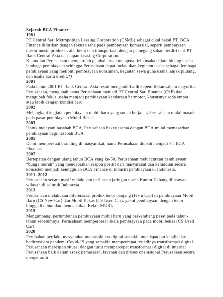 Sejarah Bca Finance Pdf