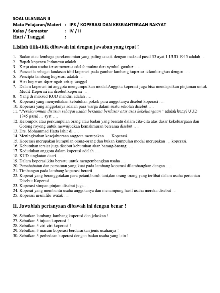 Soal Ulangan 2 Koperasi