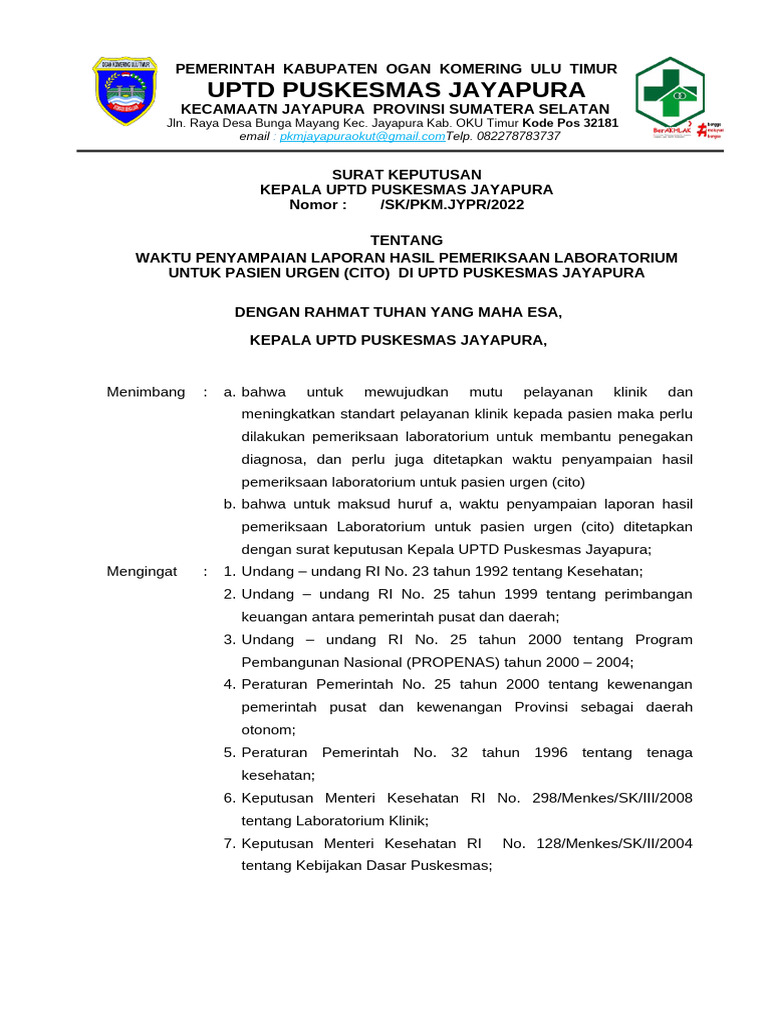 SK Hasil Lab Pasien Urgent | PDF