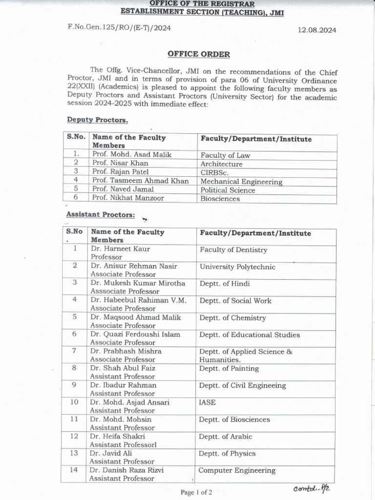 Office Order Deputy Proctor Assistant Proctor 2024august12 | PDF