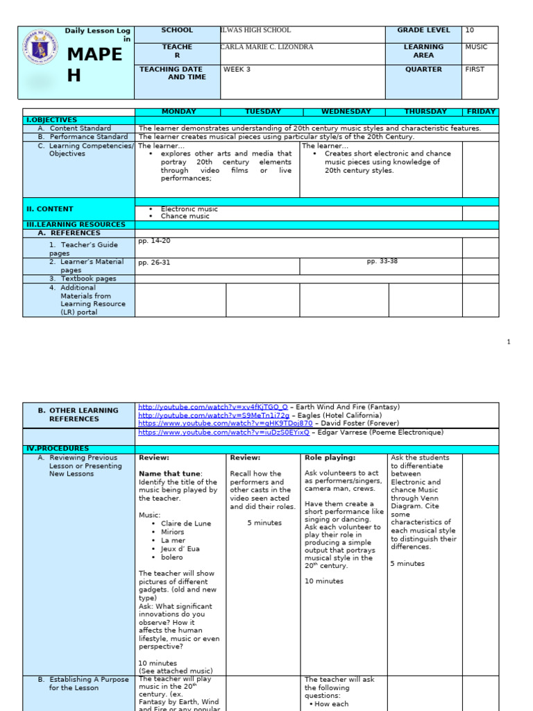 20th Century Music Lesson Plan | PDF | Learning | Art
