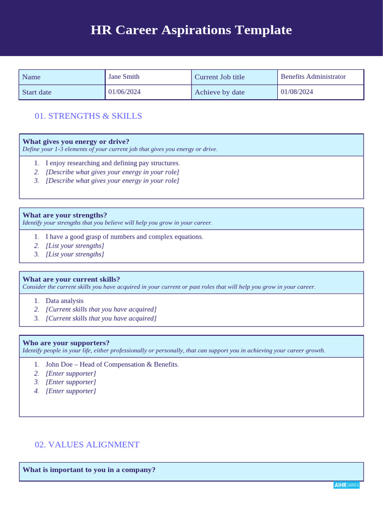 HR Career Aspirations Template | PDF