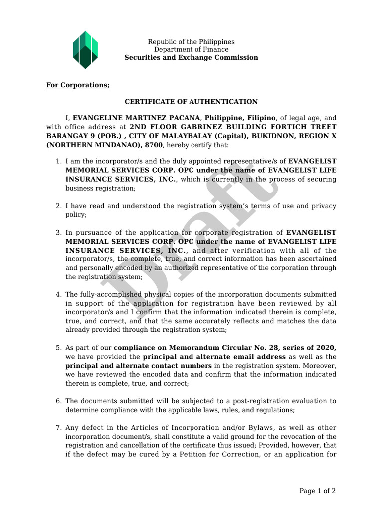 Certificate of Authentication | PDF