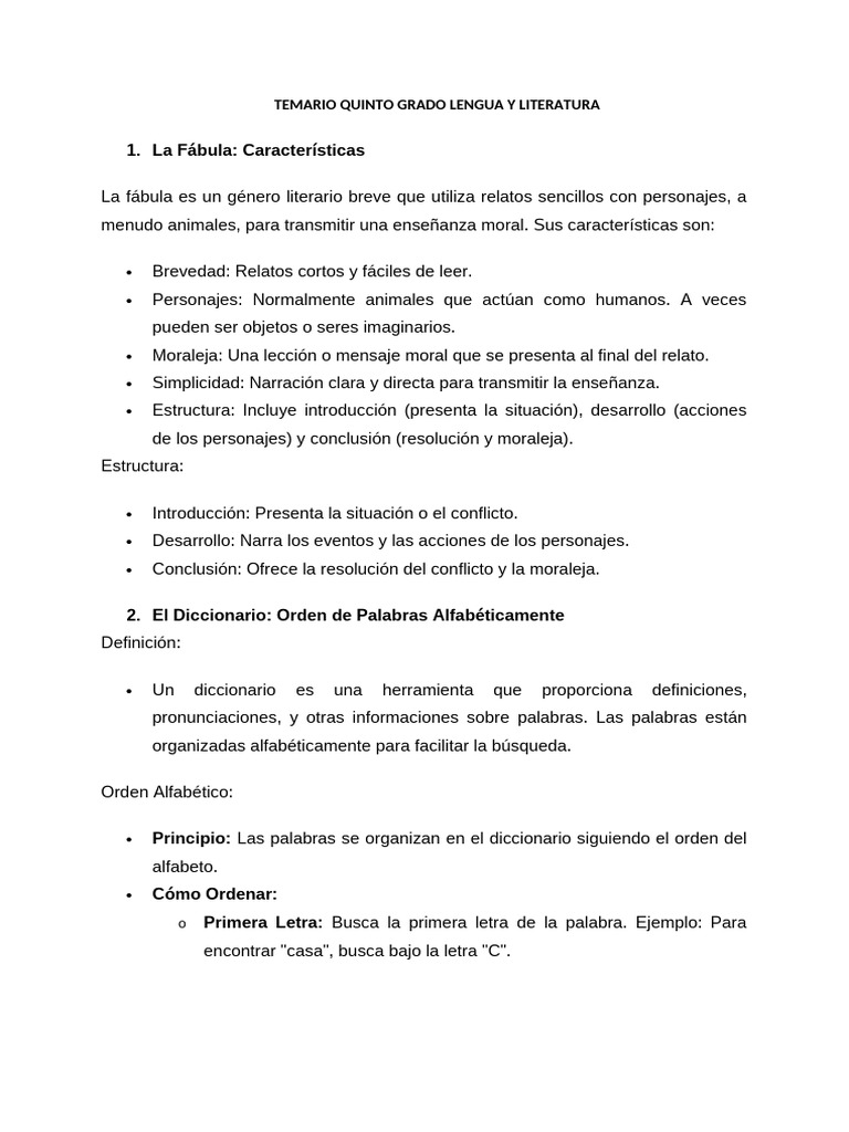 Temario Quinto Grado Lengua y Literatura | PDF