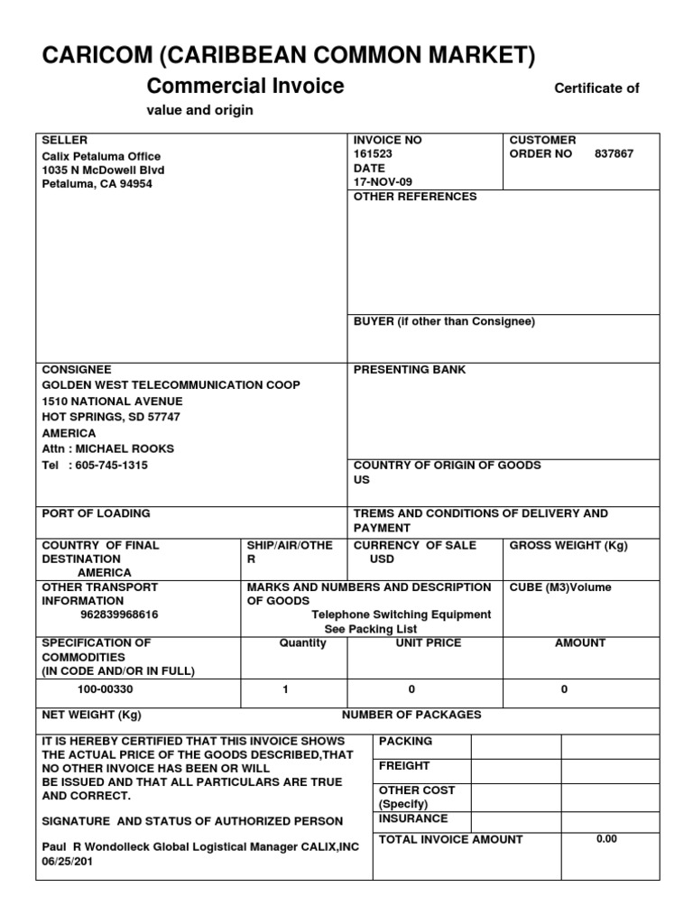 Caricom (Caribbean Common Market) : Commercial Invoice | PDF | Business ...