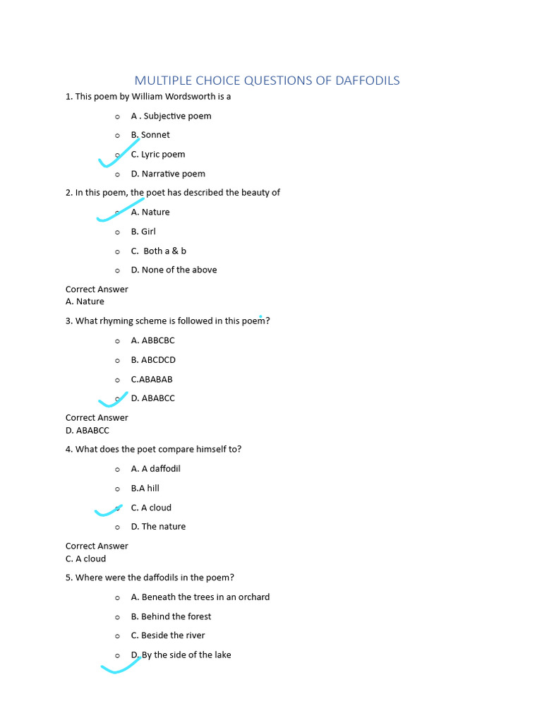 Daffodils Poem MCQ Questions & Answers | PDF | Poetry