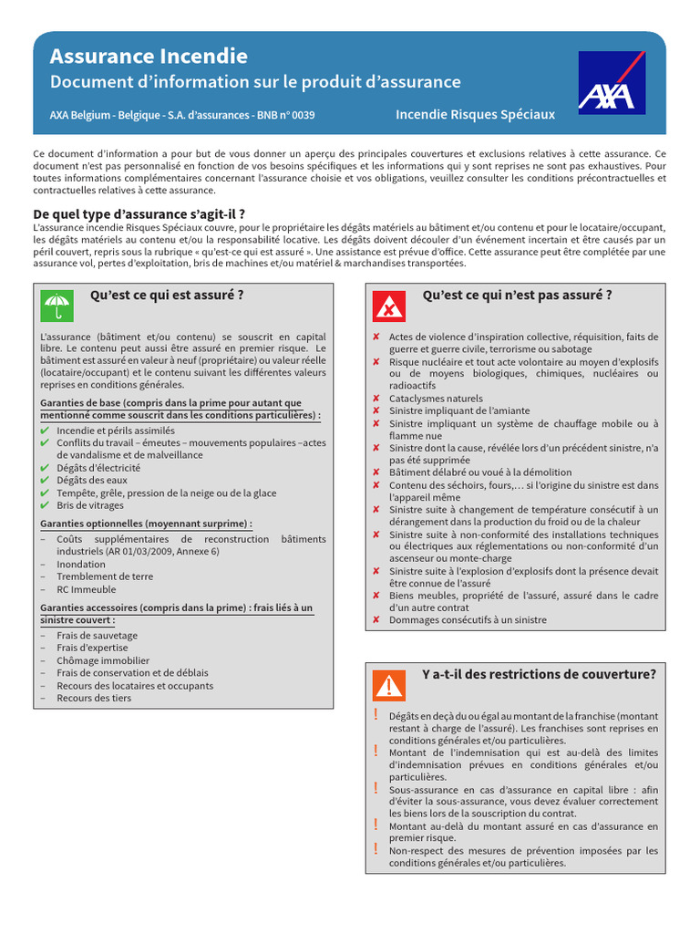 Assurance Incendie: Document D'information Sur Le Produit D'assurance | PDF