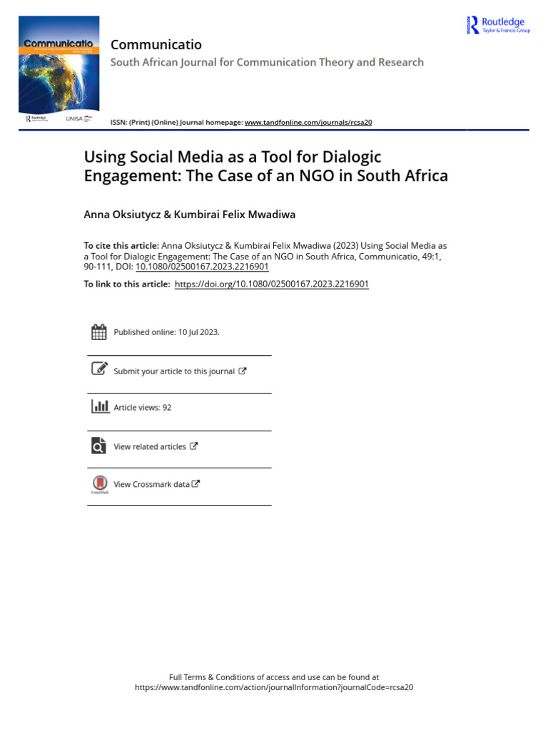 Using social media as a tool for dialogic engagement the case of an ngo
