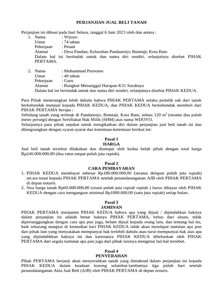 Perjanjian Jual Beli Tanah Pandanrejo | PDF | Politik | Hukum