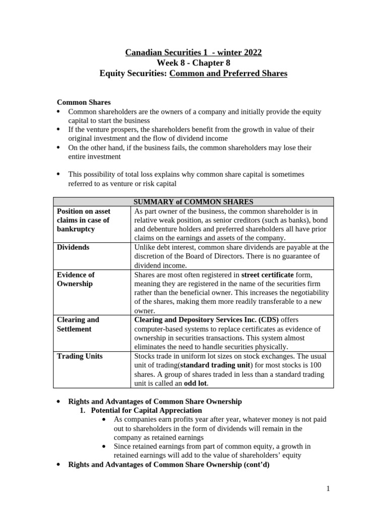 Canadian Securities 1 Week 8 Equity Securities - Common and Preference ...