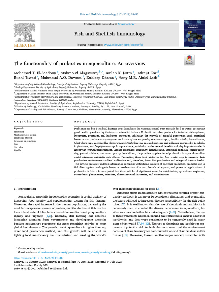 The Functionality of Probiotics in Aquaculture - An Overview | PDF