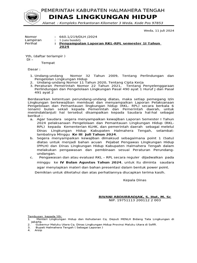 Surat Pemberitahuan RKL - RPL Tahun 2024 | PDF