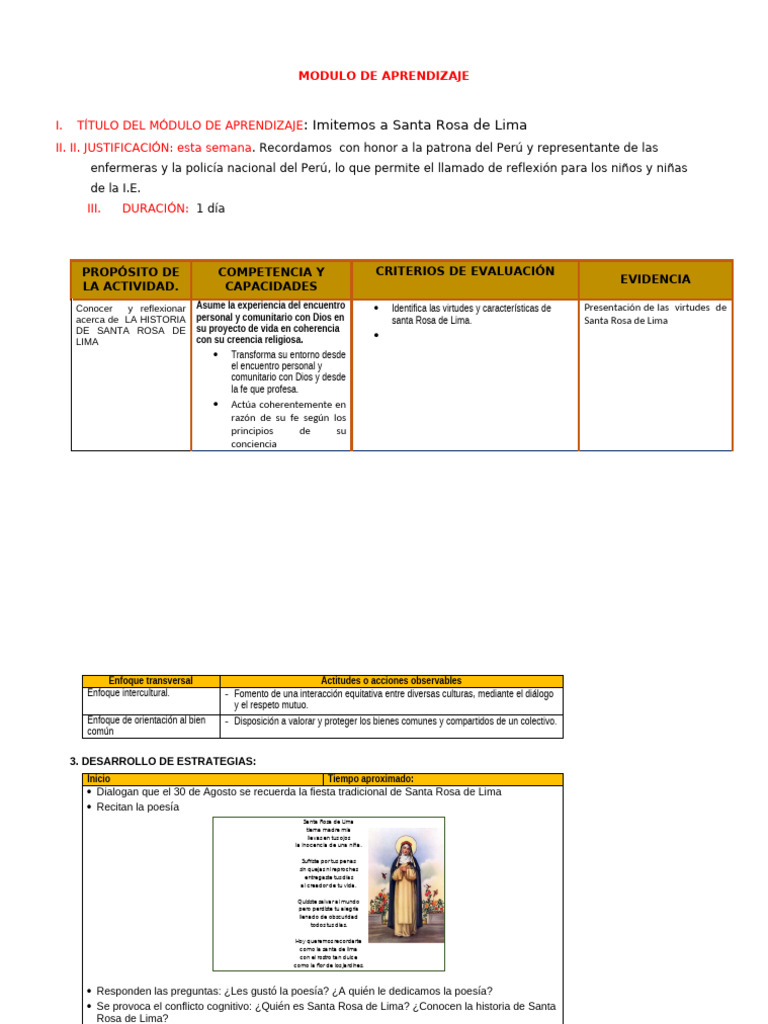 Modulo de Aprendizaje Santa Rosa de Lima | PDF