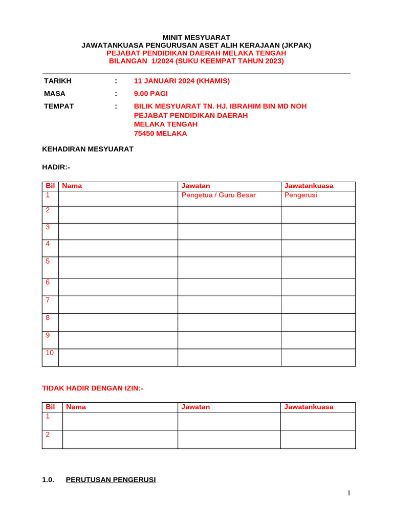 Contoh Minit Mesyuarat JKPAK | PDF
