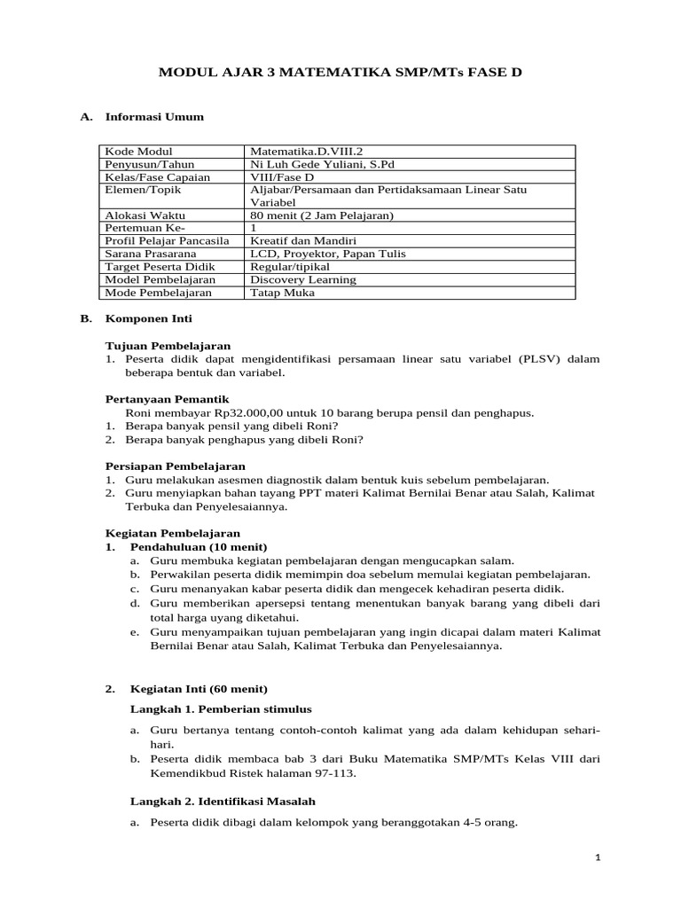 Modul Ajar Matematika SMP Kelas Vii Bab 3 | PDF