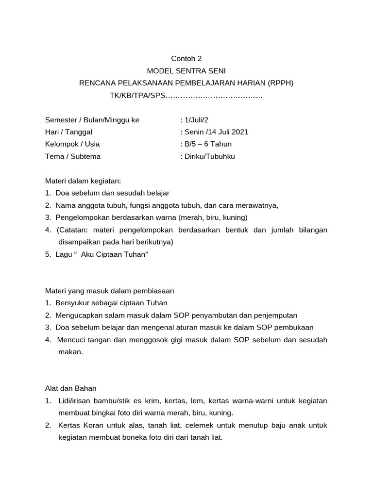 RPPH Seni untuk Anak Usia 5-6 Tahun | PDF
