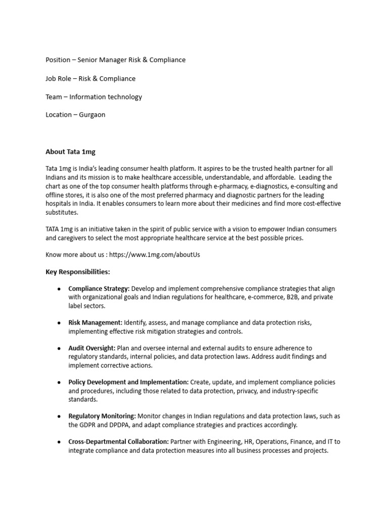 JD - Senior Manager Risk & Compliance | PDF