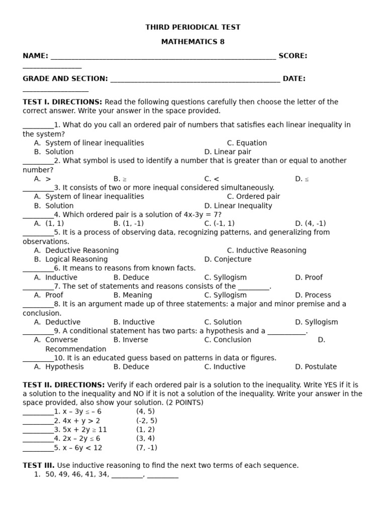 Mathematics 8 Third Periodical Test | PDF | Inequality (Mathematics ...