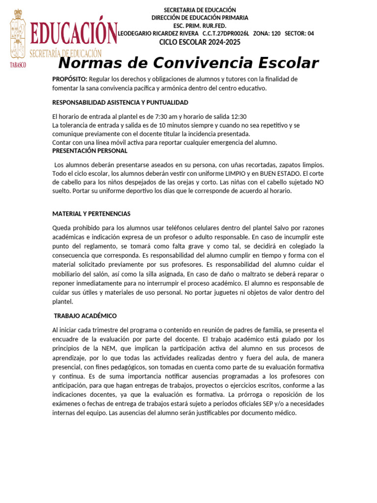 Normas de Convivencia Escolar | PDF | Evaluación | Salud y bienestar