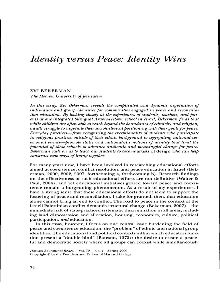 Bekerman-2009-Identity Versus Peace - Identity | PDF | Identity (Social ...