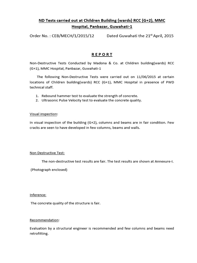 Non Destructive Test Report For 40 Health Institutes | PDF