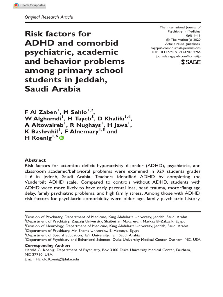 Risk factors for ADHD and comorbid psychiatric, academic and behavior ...