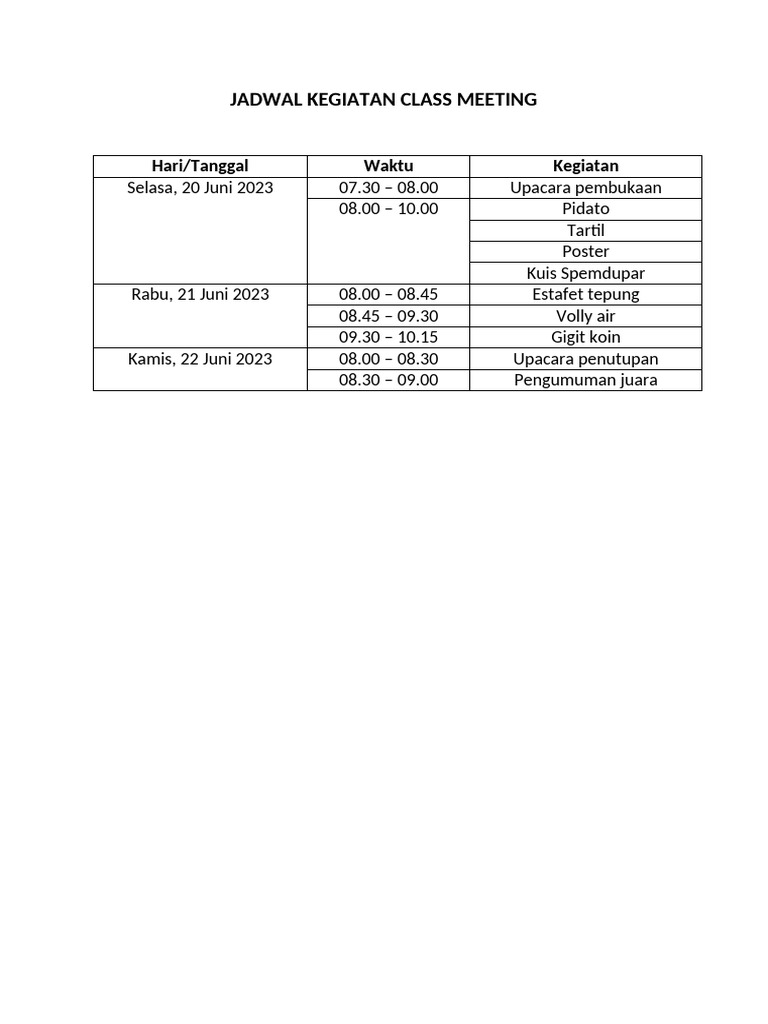Jadwal Kegiatan Class Meeting Pdf