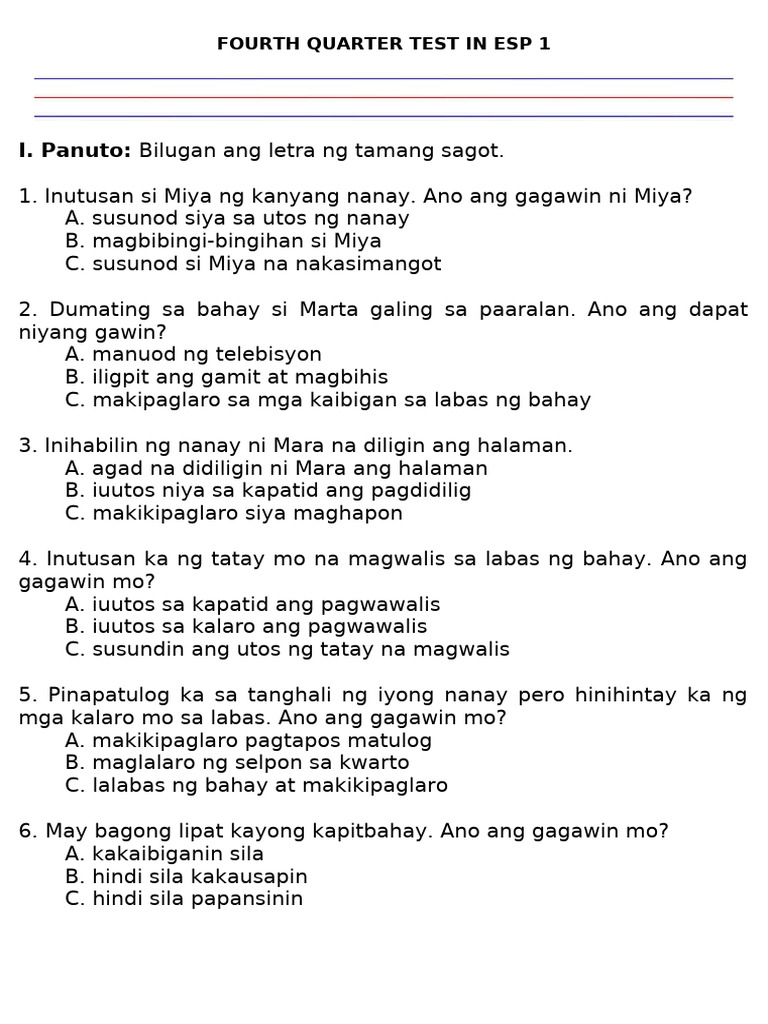 Fourth Quarter Test in ESP 1 | PDF
