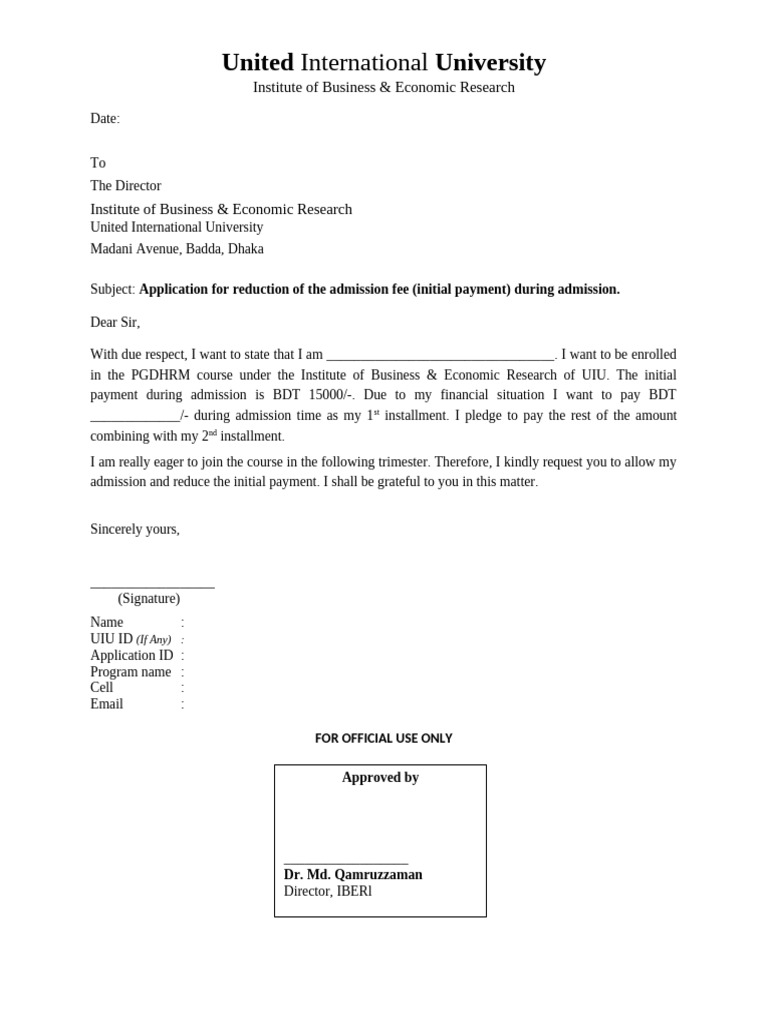 Application For Reduction of Admission Fee | PDF